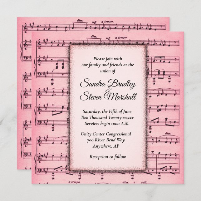 Sheet Music Pink Wedding Einladung (Vorne/Hinten)