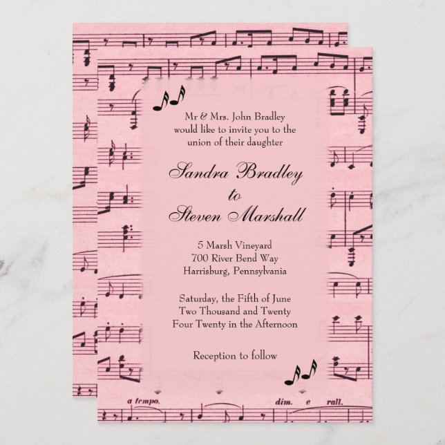 Sheet Music Pink Wedding Einladung (Vorne/Hinten)