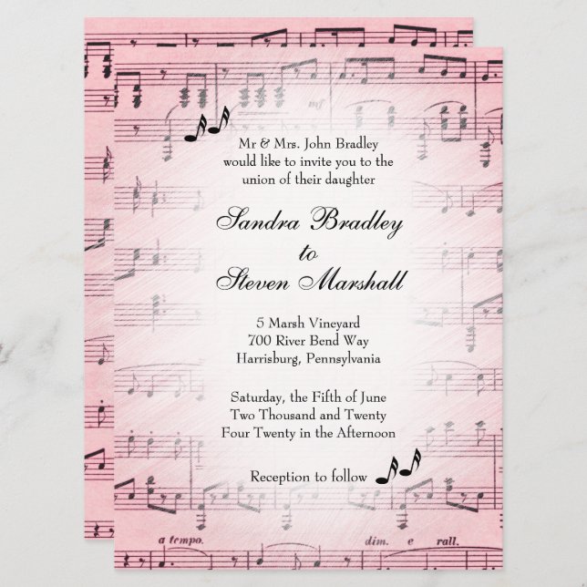 Sheet Music Pink Wedding Einladung 2 (Vorne/Hinten)