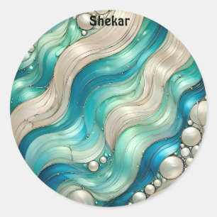 SHEKAR ~ SHINY Blue White Abstrakt ~ Runder Aufkleber