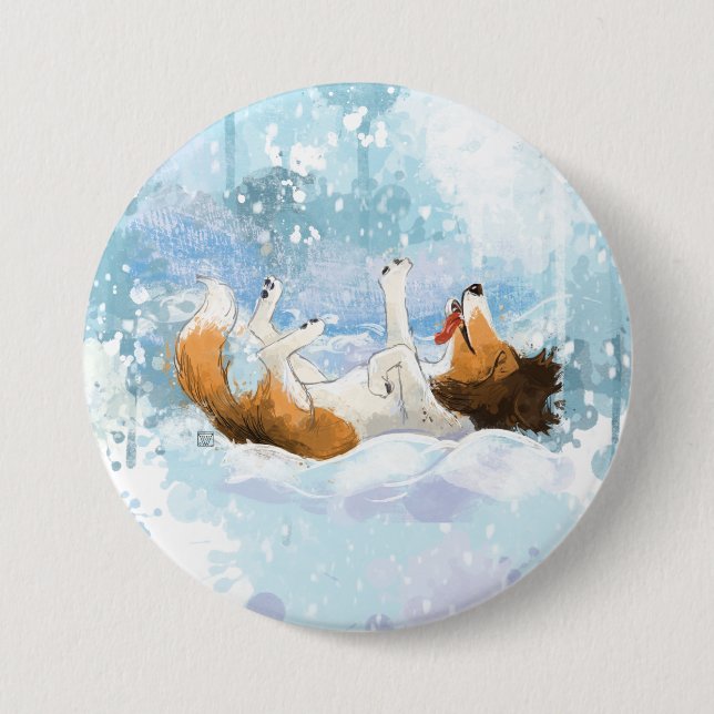 Sheldon der Sheltie spielt im Schnee Button (Vorderseite)