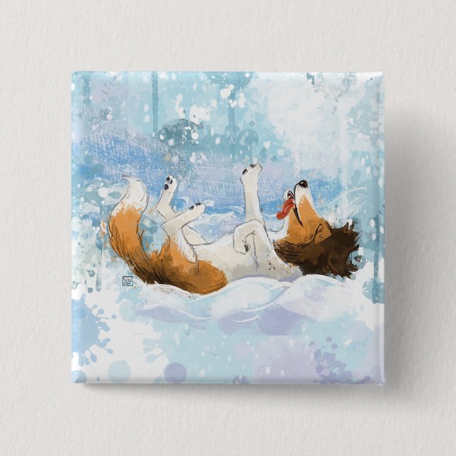 Sheldon der Sheltie spielt im Schnee Button (Vorderseite)