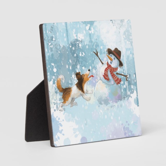 Sheldon der Sheltie und der Schneemann Fotoplatte (Vorderseite)