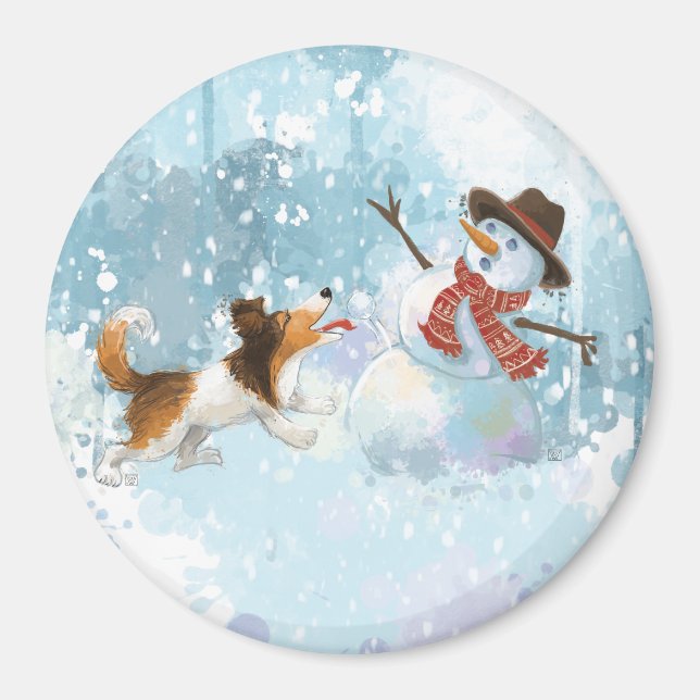 Sheldon der Sheltie und der Schneemann Magnet (Vorne)