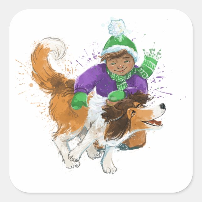 Sheldon der Sheltie und sein Junge Quadratischer Aufkleber (Vorderseite)