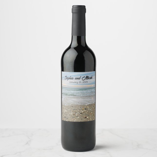 Shell Beach Sunrise Wedding Wine Bottle Labels  Weinetikett (Vorderseite)
