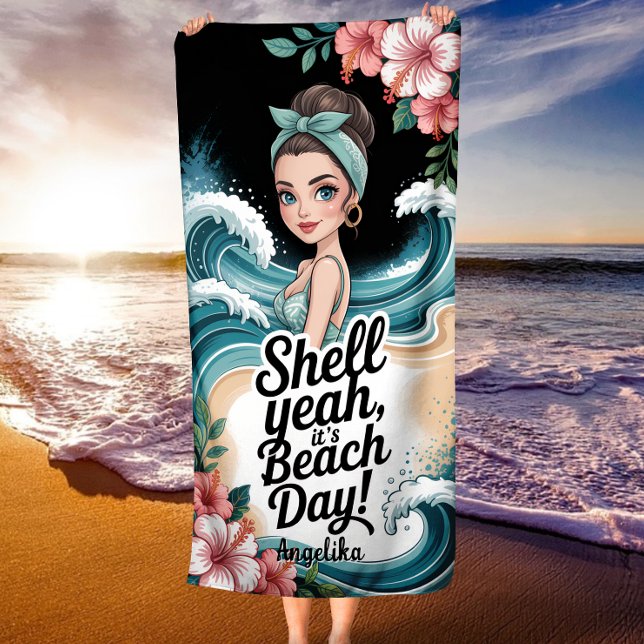 Shell Yeah It’s Beach Day Blue Ocean Wave Strandtuch (Von Creator hochgeladen)