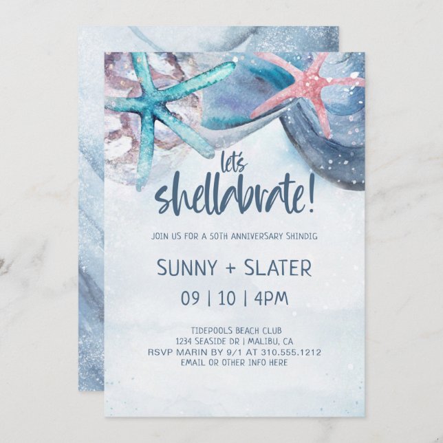 Shellabration | Beach Seashells Jubiläum Einladung (Vorne/Hinten)