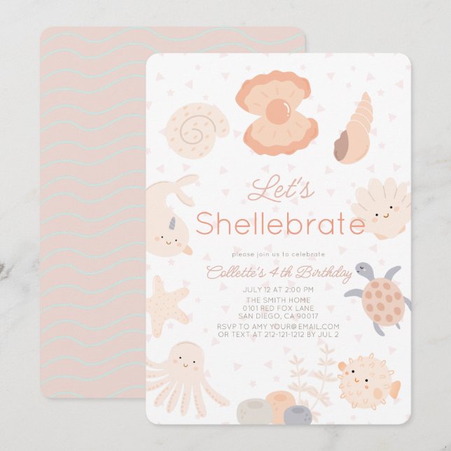 Shellebrate Seashell Creatures Pink Birthday Einladung (Vorne/Hinten)