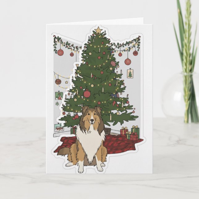 Sheltie am Weihnachtsbaum Karte (Vorderseite)