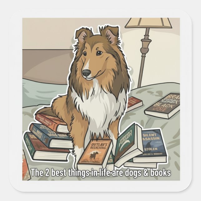 Sheltie & Bücher Quadratischer Aufkleber (Vorderseite)
