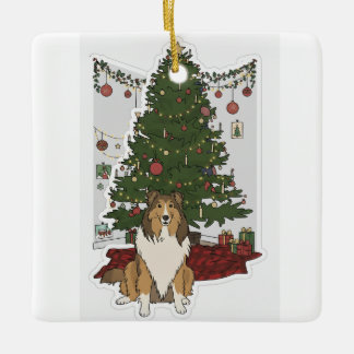 Sheltie by Christmas tree Keramikornament