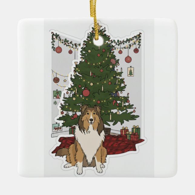 Sheltie by Christmas tree Keramikornament (Vorderseite)