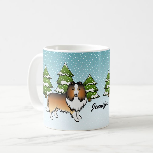 Sheltie Cartoon Dog im Winter & Name Kaffeetasse (Vorderseite Links)