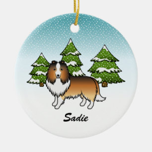 Sheltie Cartoon Dog im Winter & Name Keramik Ornament