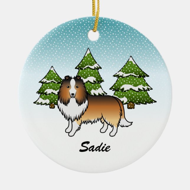 Sheltie Cartoon Dog im Winter & Name Keramik Ornament (Vorne)