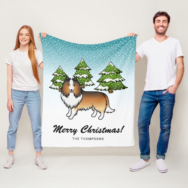 Sheltie Cartoon Dog im Winter & Text Fleecedecke (Beispiel)