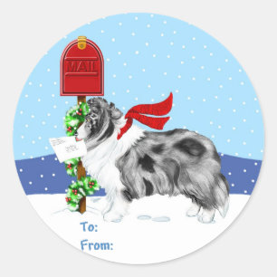 Sheltie Christmas Mail Bi Blue Gift Tags Runder Aufkleber