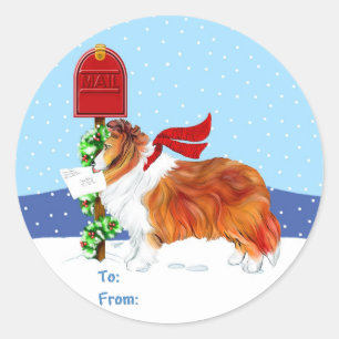 Sheltie Christmas Mail Sable Gift Tags Runder Aufkleber