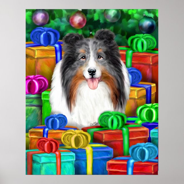 Sheltie Christmas Open Geschenke Blue Merle Poster (Vorne)