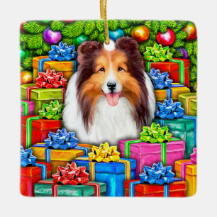 Sheltie Christmas Open Geschenke Keramikornament