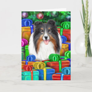 Sheltie Christmas Open Geschenke Tri Color Feiertagskarte