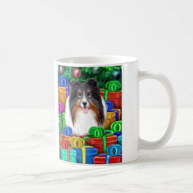 Sheltie Christmas Open Geschenke Tri Color Tasse (Rechts)