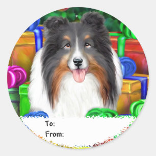 Sheltie Christmas Open Geschenke Tri Farbe Geschen Runder Aufkleber