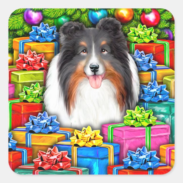 Sheltie Christmas Open Geschenke Tri Farbe Quadratischer Aufkleber (Vorderseite)