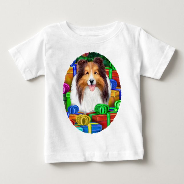 Sheltie Christmas Open Geschenke Verkauf Baby T-shirt (Vorderseite)