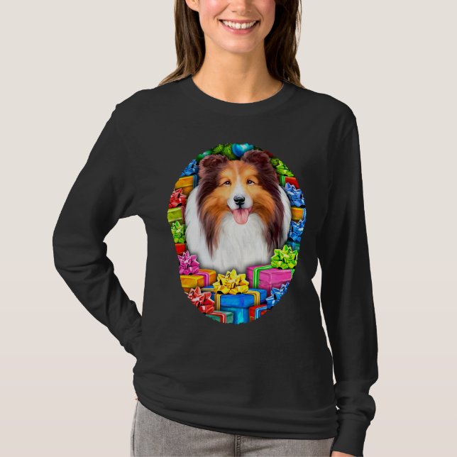 Sheltie Christmas Open Geschenke Verkauf T-Shirt (Vorderseite)