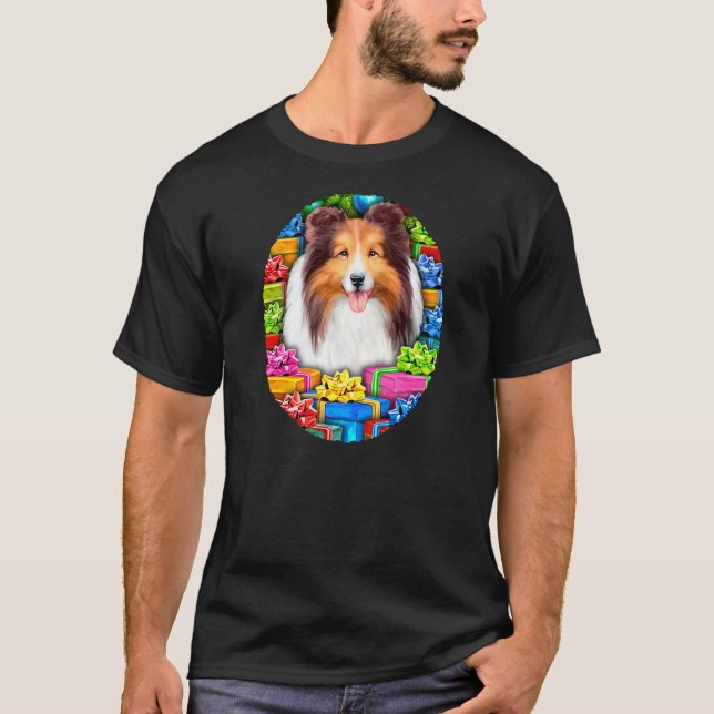 Sheltie Christmas Open Geschenke Verkauf T-Shirt (Vorderseite)