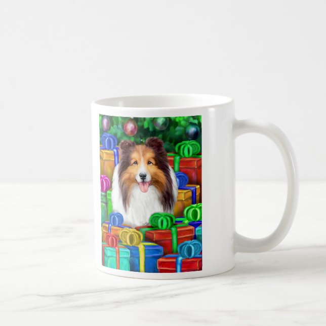 Sheltie Christmas Open Geschenke Verkauf Tasse (Rechts)