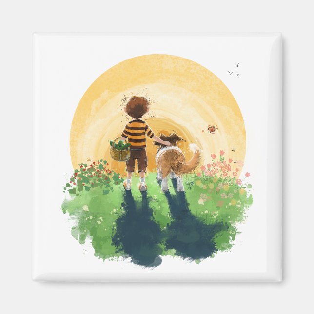 Sheltie Dog and Boy Walk in Sunset Magnet (Vorne)