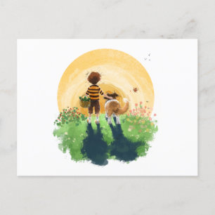 Sheltie Dog and Boy Walk in Sunset Postkarte