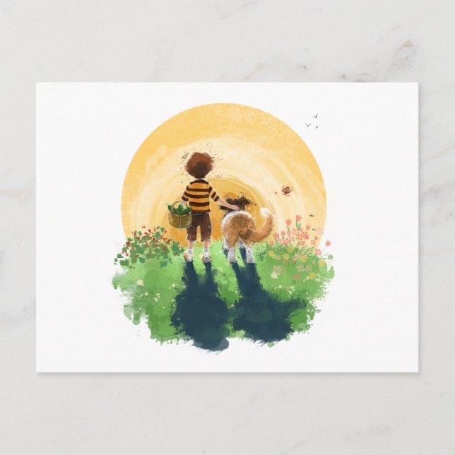 Sheltie Dog and Boy Walk in Sunset Postkarte (Vorderseite)