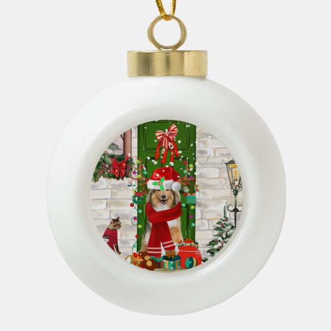 Sheltie Dog Christmas Keramik Kugel-Ornament (Vorderseite)