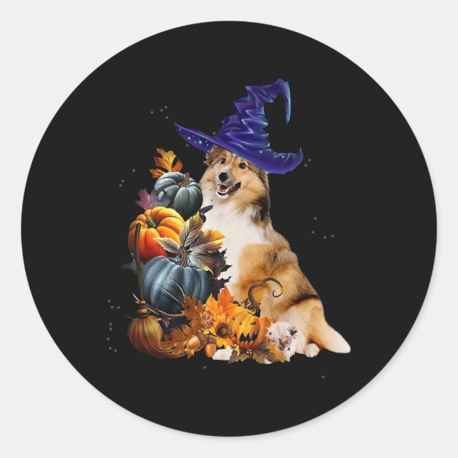 Sheltie Dog Hexe und Pumpkins Halloween Thanksgiv Runder Aufkleber (Vorderseite)