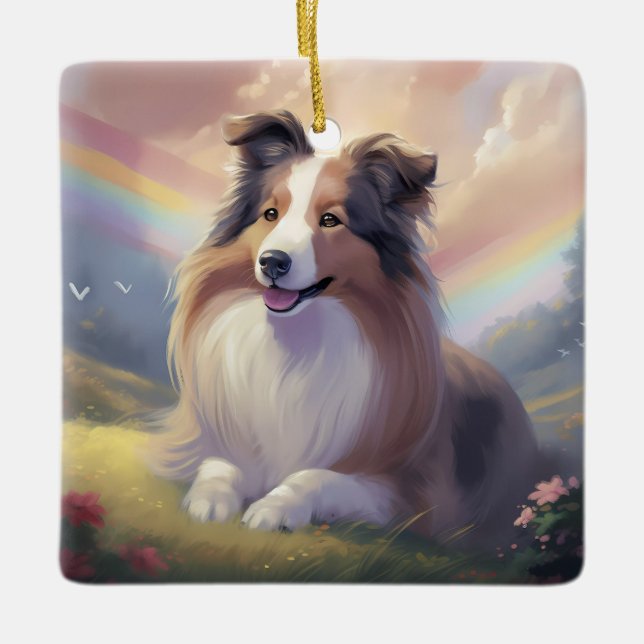 Sheltie Dog Memorial Rainbow Bridge Personalisiert Keramikornament (Vorderseite)