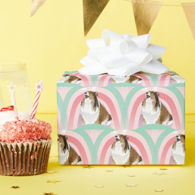 Sheltie Dog Rainbow Pink Birthday Geschenkpapier (Geburtstagsparty)