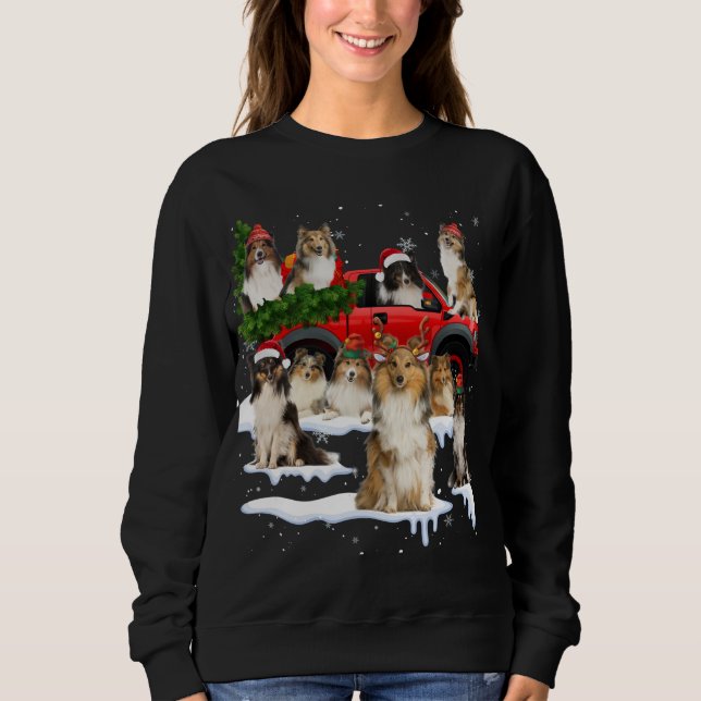 Sheltie Dog Red Truck Weihnachtsbaum Santa Ugly Xm Sweatshirt (Vorderseite)