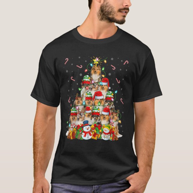 Sheltie Dog Xmas Lighting Tree Santa Sheltie Chris T-Shirt (Vorderseite)