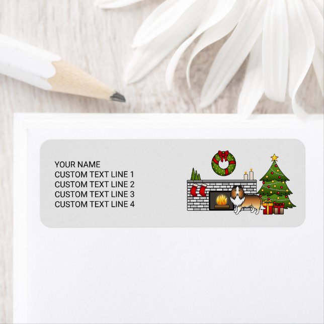 Sheltie Hund in einem Weihnachtszimmer & Text (Insitu)