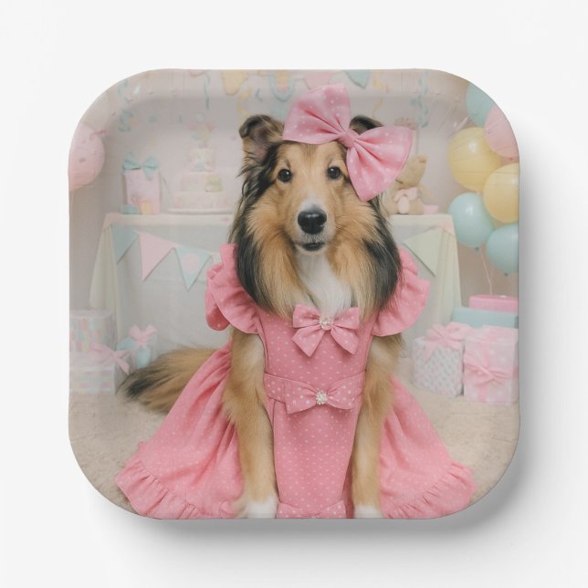 Sheltie in pink dress pappteller (Vorderseite)