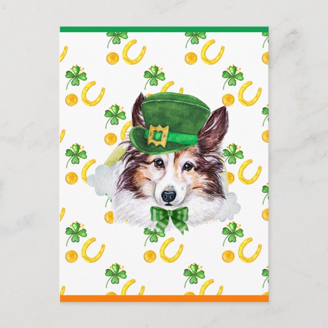Sheltie Kleeblatt St. Patricks Day Feiertagspostkarte (Vorderseite)