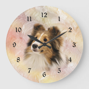 Sheltie stellen gegenüber große wanduhr