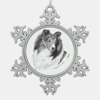 Sheltie Stift u. Tinte durch Cindy Alvarado - Schneeflocken Zinn-Ornament