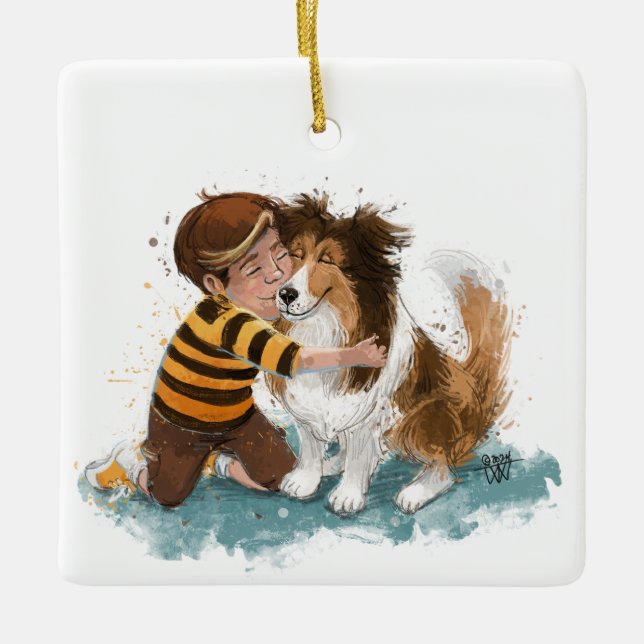 Sheltie und Boy Hug Keramikornament (Vorderseite)