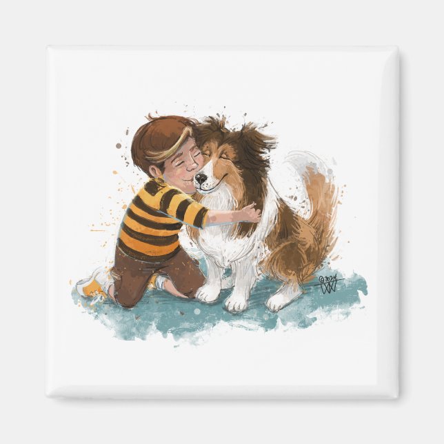 Sheltie und Junge umarmen sich Magnet (Vorne)