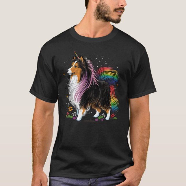 Sheltie Unicorn on Rainbow Unicorn Shetland Sheepd T-Shirt (Vorderseite)